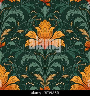 Art Nouveau Seamless Pattern With Vintage Iris Flowers And Antique Baroque Ornamental Leaves Vector Stock Vector