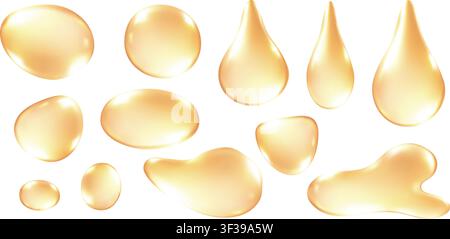Golden Liquid Drops 3d Set Realistic Honey Oil drop Serum Glossy Vector Gold Element Collection Stock Vector