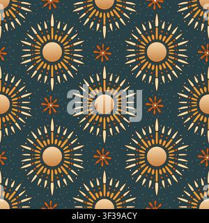 Vintage Boho Sun Seamless Pattern Ornamental Rays And Decorative Celestial Motif Gypsy Background Stock Vector