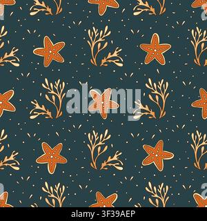 Vintage Starfish Seaweed Coastal Seamless Pattern Ornamental Marine Sea Summer Beach Motif Stock Vector