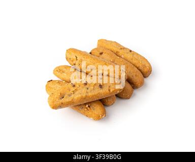 Small breadsticks, short grissini or picos with fragrant herbs and seeds isolated. Crispy mini bread sticks on white background Stock Photo
