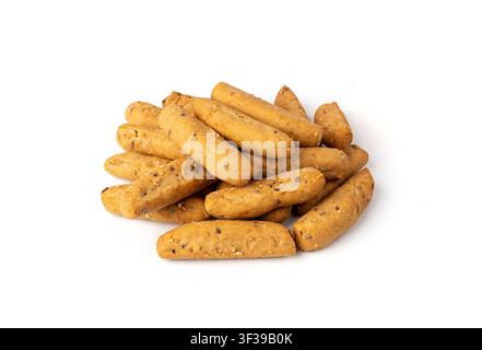 Small breadsticks, short grissini or picos with fragrant herbs and seeds isolated. Crispy mini bread sticks on white background Stock Photo