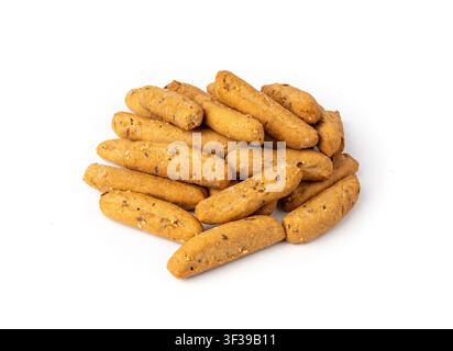 Small breadsticks, short grissini or picos with fragrant herbs and seeds isolated. Crispy mini bread sticks on white background Stock Photo