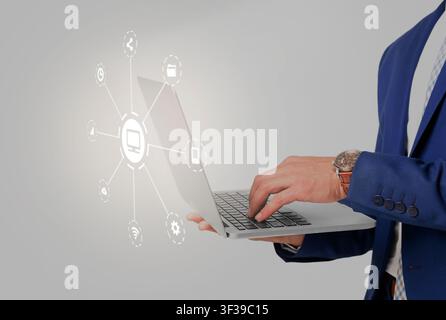 Business man using laptop, cyber security concept Stock Photo