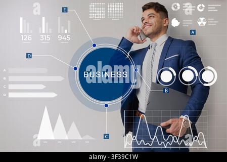 Business man talking on smart phone with holographic graphs Stock Photo