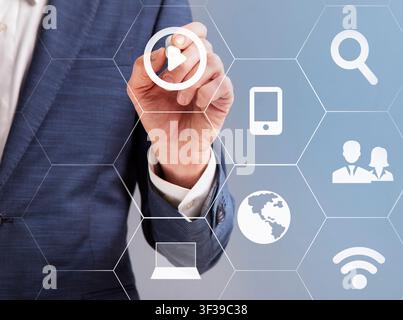 Business man pointing at infographic panel with personal data Stock Photo