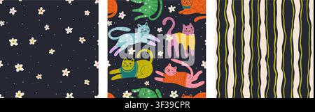 Whimsical Cute Cat Seamless Pattern Set Floral Elements Cartoon Cats Vector Background Collection Stock Vector