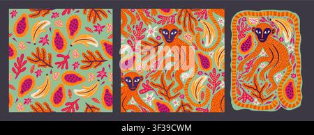 Whimsical Monkey Exotic Vintage Seamless Pattern Background Set Tropical Jungle Wild Boho Summer Vector Collection Stock Vector