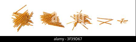 Bread Sticks Pile, Pretzel Straws, Sesame Grissini, Pretzels Snack with Sesame Seeds, Long Rusks on White Background Top View Stock Photo