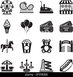 Amusement park icons set featuring Ferris wheel, roller coaster, bumper car, game booth, ice cream, balloons, tickets, carousel, popcorn, teddy bea... Stock Vector