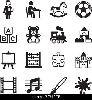 Amusement park icons set featuring Ferris wheel, roller coaster, bumper car, game booth, ice cream, balloons, tickets, carousel, popcorn, teddy bea... Stock Vector
