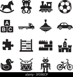 Black and white silhouette icons of various children's toys including a rocking horse, teddy bear, train, soccer ball, alphabet blocks, truck, spin... Stock Vector