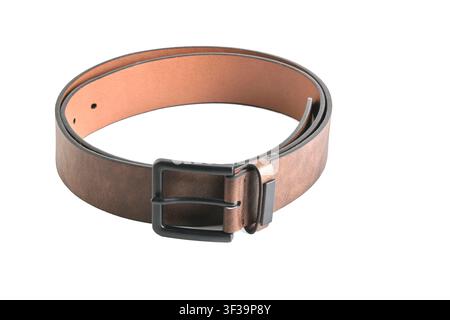 Coiled brown leather men belt with black metal buckle isolated on white background Stock Photo