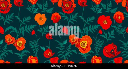 Red poppy seamless pattern on a dark background . Hand drawn. Not AI, vector illustration. Stock Vector