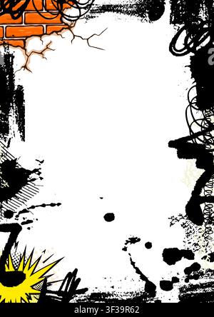 Grunge frame with blots and graffiti brick wall. Not AI, vector illustration. Stock Vector