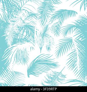 Tropical palm leaves, jungle leaves. Seamless pattern with blue palm leaves on a white background. Hand drawn. Not AI, vector illustration. Stock Vector