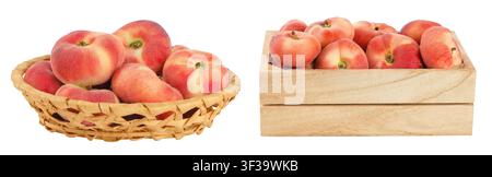 chinese flat donut peaches in a wicker basket and wooden box isolated on white background Stock Photo