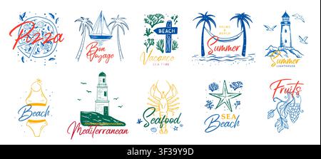 Set of hand drawn summer mediterranean posters. Set of vacation in Italy vector posters. La Dolce vita postamps, placard, cards template elements.  Stock Vector