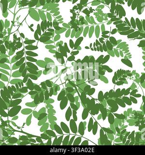 Acacia tree branches and leaves seamless pattern Hand drawn. Not AI, vector illustration. Stock Vector