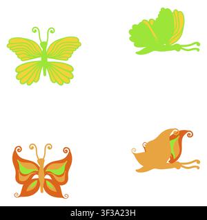 Yellow and orange butterflies. Side and top views. Vector illustration isolated on a white background. Stock Vector