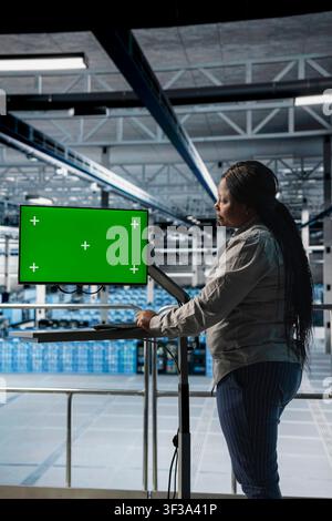 Server hub IT professional uses mockup computer, monitoring and optimizing supercomputers performance. African american woman in data center using green screen PC monitor, upgrading mainframes Stock Photo