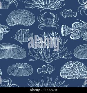 Monochrome elegant seamless pattern with corals, tropical fish and seaweeds. Hand-drawn illustration in classic engraving style. Stock Vector
