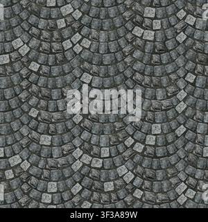 Seamless top view of charcoal grey slate cobblestones in an arched fan paving design. Stock Photo
