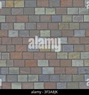 Flat lay view of rectangular slate paving slabs in brown, grey, and green colors. Stock Photo