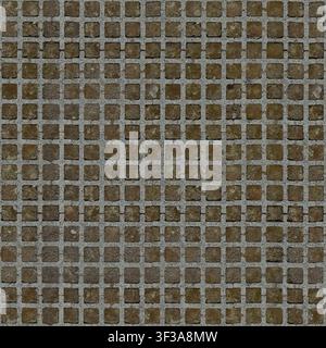 Overhead view of a seamless texture map showing a permeable concrete grid paver with dirt and dried grass square openings. Stock Photo