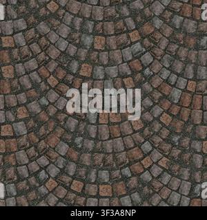 Bird's eye view of fan-patterned cobblestones in alternating reddish brown and grey tones. Stock Photo
