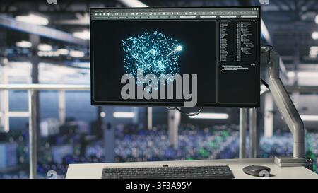 Automated infrastructure workstation on industrial platform inside server hub showing AI machine learning scripts. Computer in data center displaying neural network activity Stock Photo