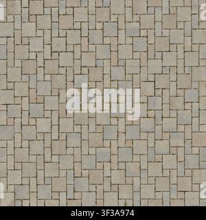 A top down view of grey multi sized square and rectangular concrete pavers in a modular pattern. Stock Photo