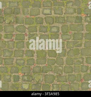Overhead top view of weathered old cobblestones covered in moss and soil in a rustic street setting. Stock Photo