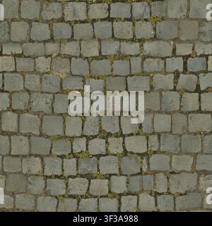 Overhead view of weathered grey stone cobblestone pavement with small green weeds growing in the joints. Stock Photo