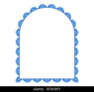 Layered sky blue bold eyelet scallop lace arch border with broderie anglaise cutwork trim encloses tombstone center. on white as classic vintage frame for wedding invitations or cottagecore labels. Stock Vector