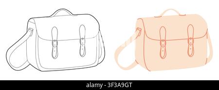 Satchel Cross-Body Bag messenger silhouette bag. Fashion accessory technical illustration. Vector satchel front 3-4 view for Men, women, unisex style, flat handbag CAD mockup sketch outline isolated Stock Vector