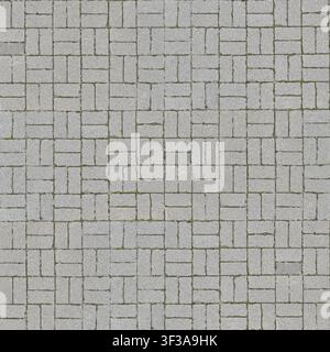 A seamless texture of light grey interlocking concrete pavers arranged in a repeating rectangular pattern. Stock Photo