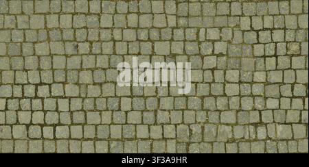 A top down view of uniform small granite cube cobblestones forming a grey street pavement texture. Stock Photo
