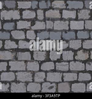 Top down view of traditional grey granite cobblestone pavement with dark dirt filled joints. Stock Photo