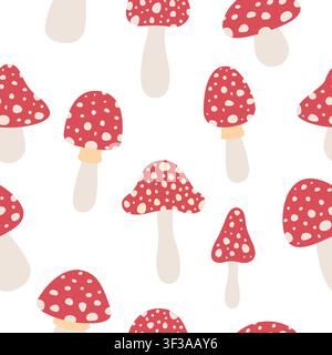 Red amanita mushrooms seamless pattern vector illustration. Cute cartoon fly agaric fungus with white spots on isolated white background. Classic autumn forest background for fabric, wrapping paper Stock Vector