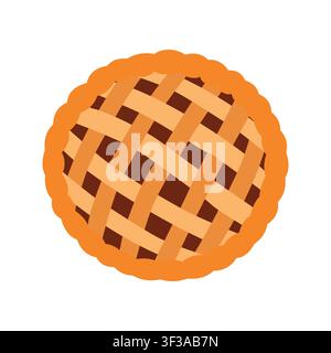 Fresh baked homemade pie vector illustration. Top view lattice crust pumpkin or apple pie isolated on white background. Sweet autumn dessert element for Thanksgiving Day holiday. Stock Vector