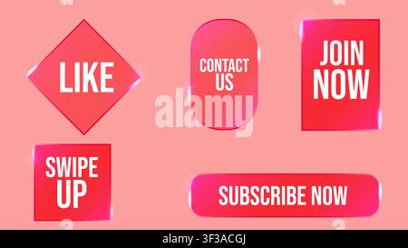 Social Media Elements Glassmorphism UI Icon Design. Modern transparent UI icons and buttons for web design, mobile apps, branding, presentations, advertising and marketing, vector illustration. Stock Vector