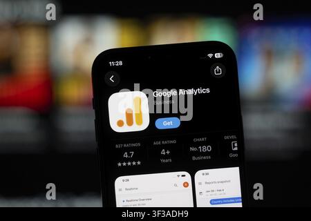Mountain View, United States- 11 July 2026: App Store page of the Google Analytics app is seen on a smartphone screen Stock Photo