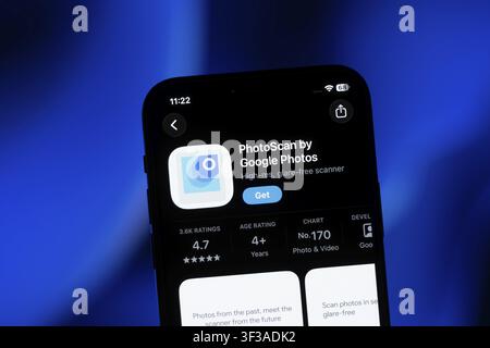 San Francisco, USA - 11 July 2026: App Store page of the PhotoScan by Google Photos app is seen on a smartphone screen Stock Photo