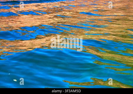 Vivid Water Surface Reflection with Blue and Gold Abstract Patterns Stock Photo