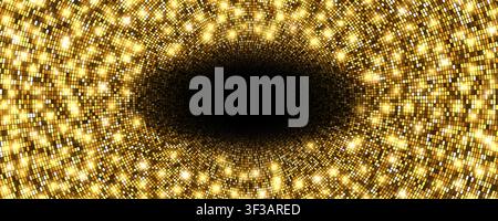 Abstract gold mosaic disco sequin pattern. Luxurious golden glittering halftone cover. Disco ball texture. Shining sun explosion backdrop. Gradient re Stock Vector