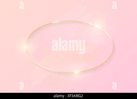 Gold shiny glowing oval frame with rose pastel brush strokes isolated on pink background. Golden luxury line border for invitation, card, sale, fashio Stock Vector