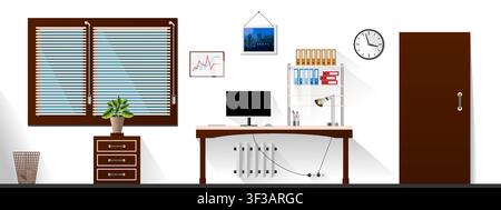 Flat vector interior office room with modern furniture in white and brown style. Vector illustration Stock Vector