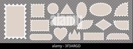 Vector set of scalloped postage frames isolated. Outline border template. Simple minimalist label text box. Blank scallop edge stamp mockup. Stock Vector