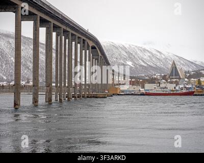 Tromso Brigde (Tromsobrua) and the Arctic Cathedral Stock Photo